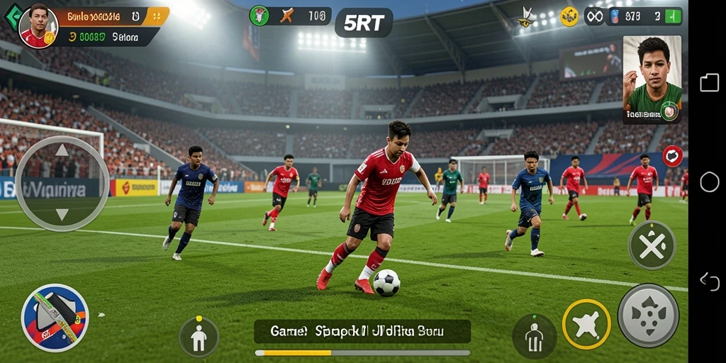 Screenshot gameplay 5RT menampilkan aksi seru di lapangan sepak bola.