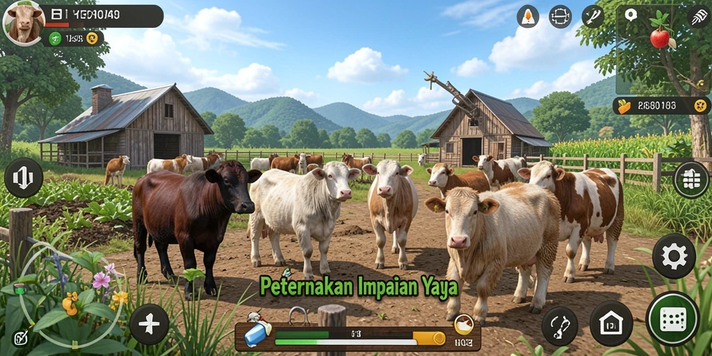 Gameplay H03 menampilkan peternakan yang asri dan berbagai aktivitas bertani.