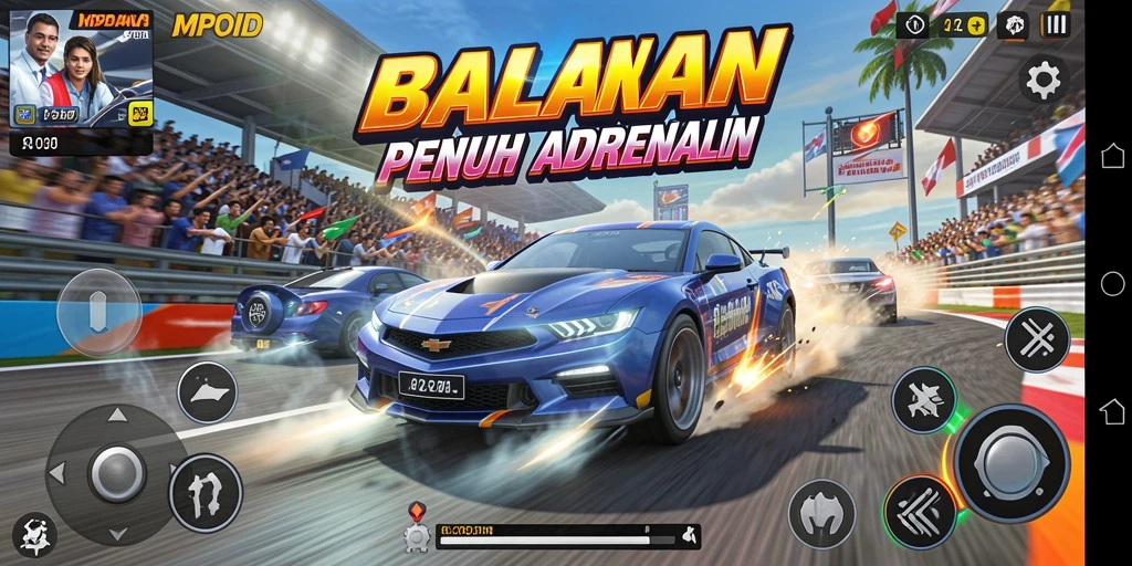 Tampilan gameplay seru dalam MPOID dengan mobil balap yang menakjubkan.