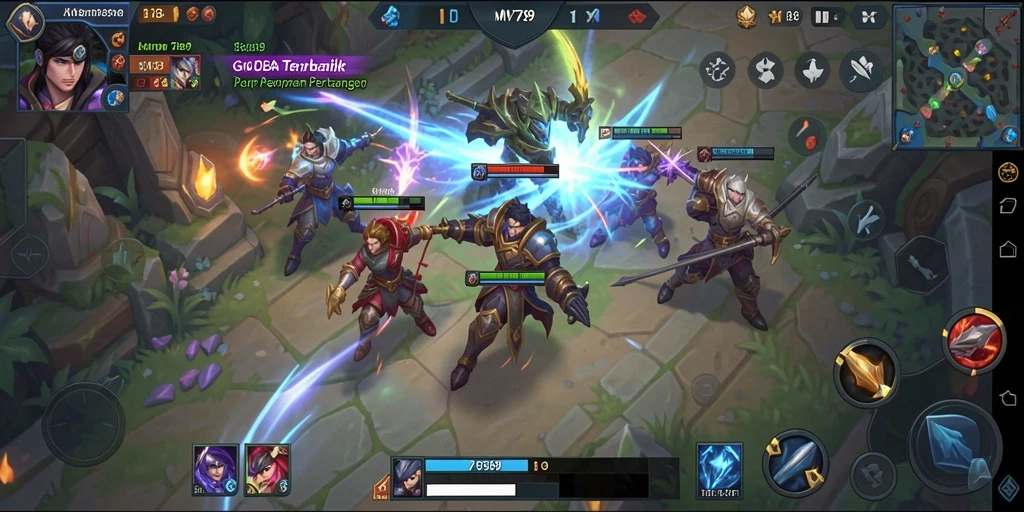Tampilan gameplay MOBA yang mendebarkan dengan tim berjuang untuk kemenangan.