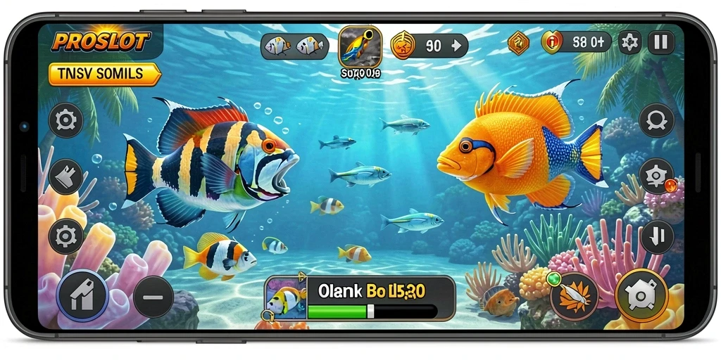 Screenshot gameplay menunjukkan keseruan menangkap ikan berwarna-warni.