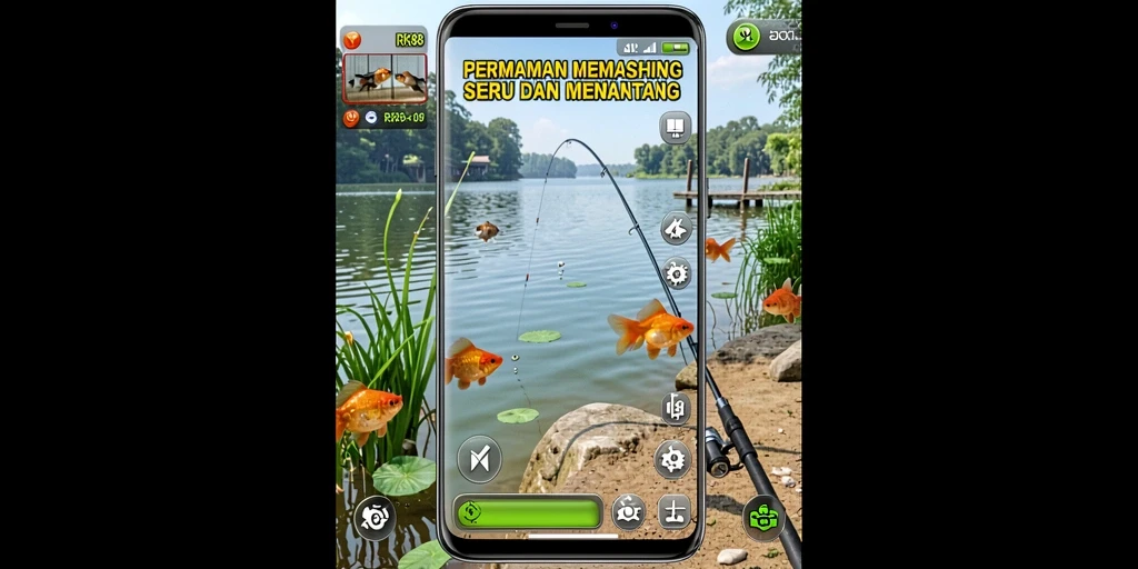 Screenshot gameplay RK88 yang menunjukkan keseruan memancing.